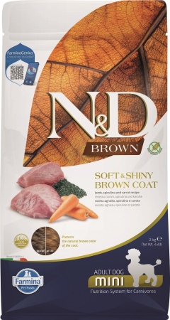 N&D BROWN SOFT & SHINY BROWN COAT  AGNELLO, SPIRULINA E CAROTE ADULT MINI Cani