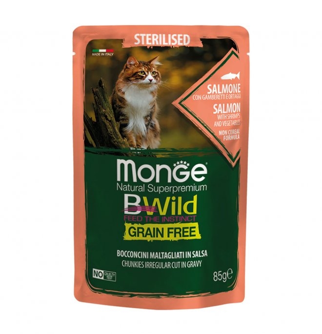 MONGE CAT NATURAL SUPERPREMIUM BWILD STERILISED GRAIN FREE SALMONE CON GAMBERETTI E ORTAGGI