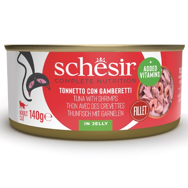 SCHESIR COMPLETE NUTRITION PER GATTI ADULTI FILETTI IN GELATINA TONNETTO CON GAMBERETTI
