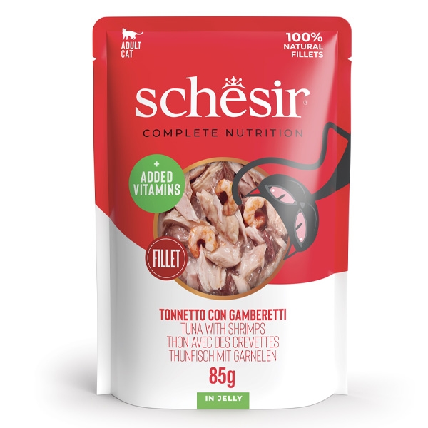 SCHESIR COMPLETE NUTRITION PER GATTI ADULTI FILETTI TONNETTO CON GAMBERETTI IN JELLY