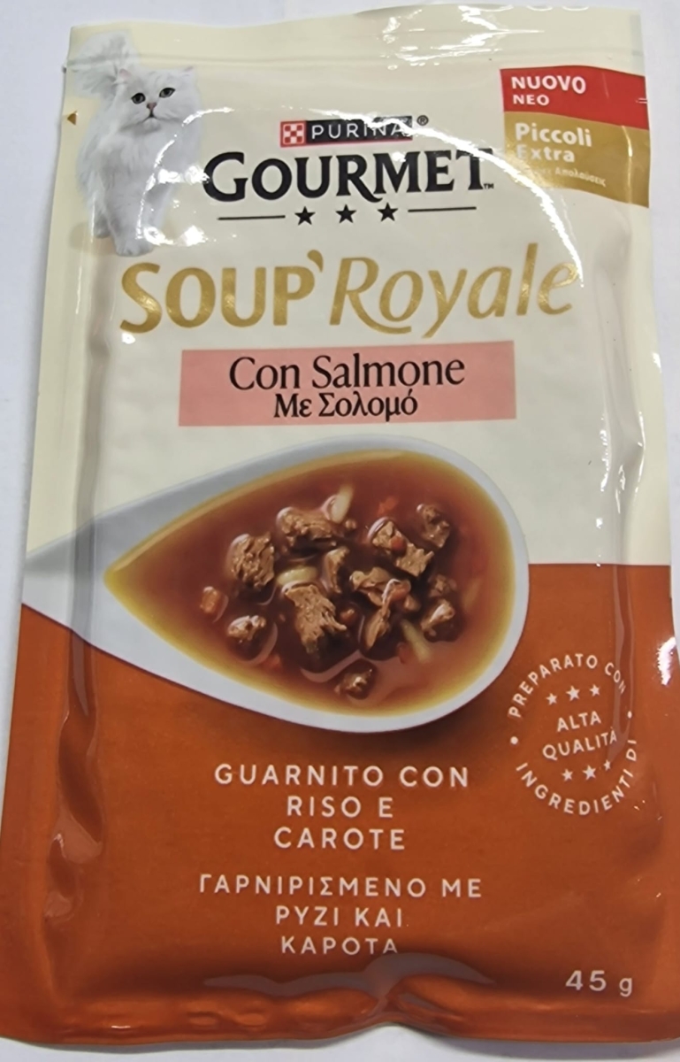 PURINA GOURMET SOUP' ROYALE CON SALMONE GUARNITO CON RISO E CAROTE