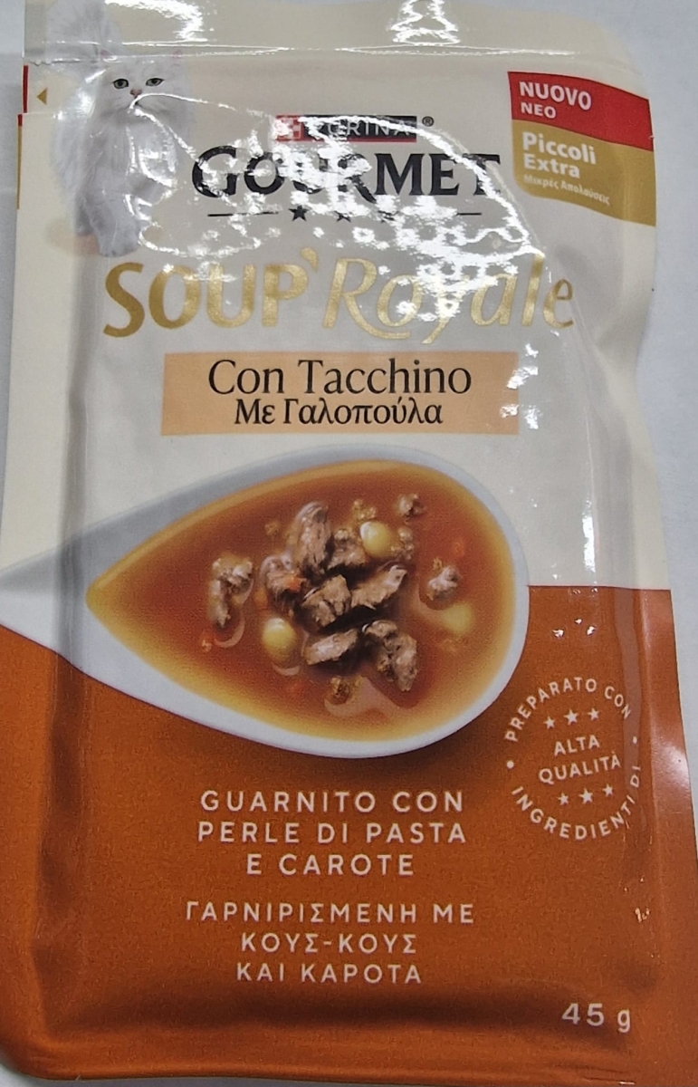 PURINA GOURMET SOUP' ROYALE CON TACCHINO GUARNITO CON PERLE DI PASTA E CAROTE