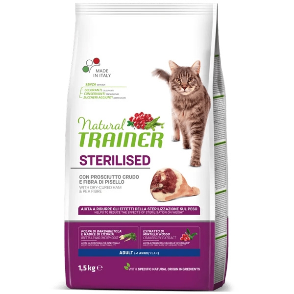NATURAL TRAINER ADULT STERILISED CON PROSCIUTTO CRUDO E FIBRA DI PISELLO