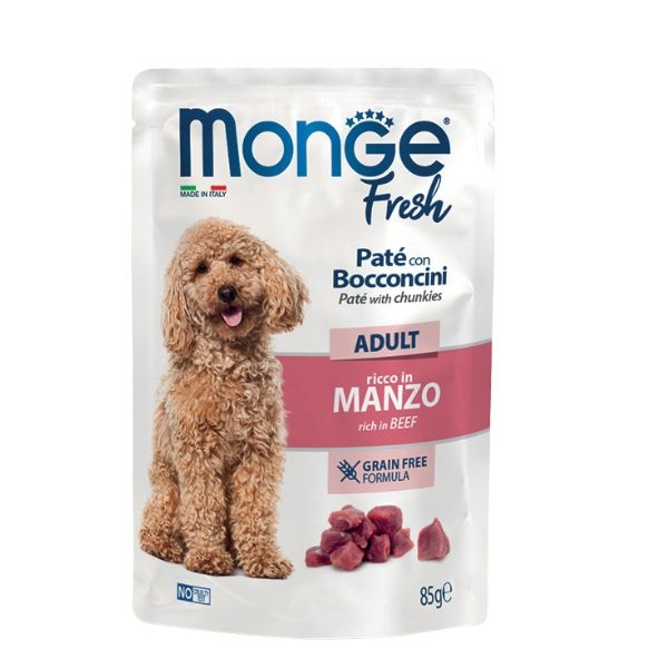 MONGE FRESH BUSTE DOG ADULT PATE'  CON BOCCONCINI RICCO IN MANZO
