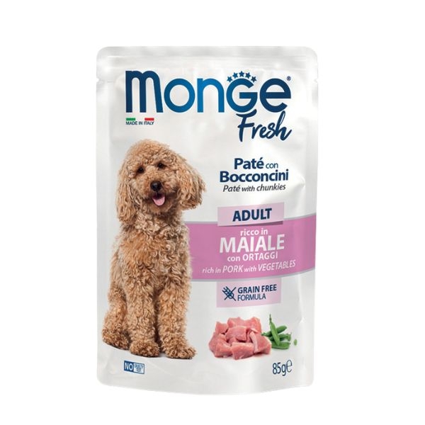 MONGE FRESH BUSTE DOG ADULT PATE'  CON BOCCONCINI RICCO IN MAIALE CON ORTAGGI