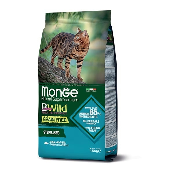 MONGE BWILD GRAIN FREE STERILISED ADULT CON TONNO E PISELLI